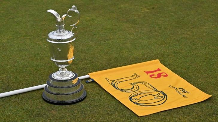The Claret Jug and a flag for the 150th Open Championship at St Andrews